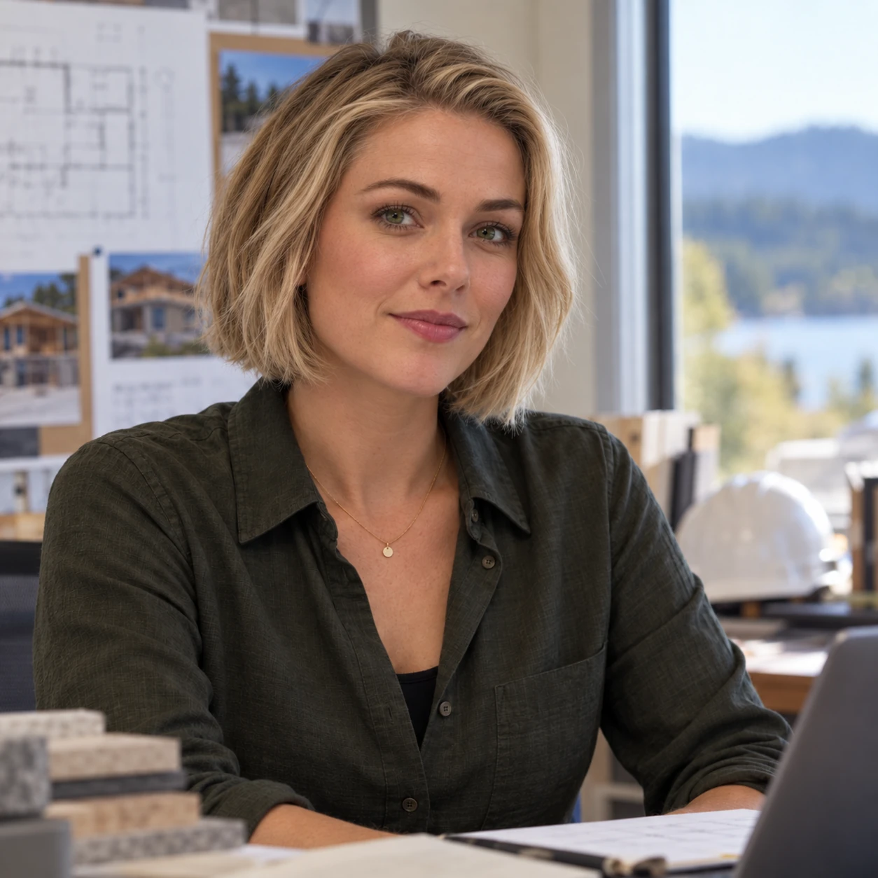 Maren Doyle, a 30-year-old project manager with short dark-blonde hair and green eyes, sits at her desk in a Silverdale construction office, smiling slightly at the camera with plans and material samples in the background.
