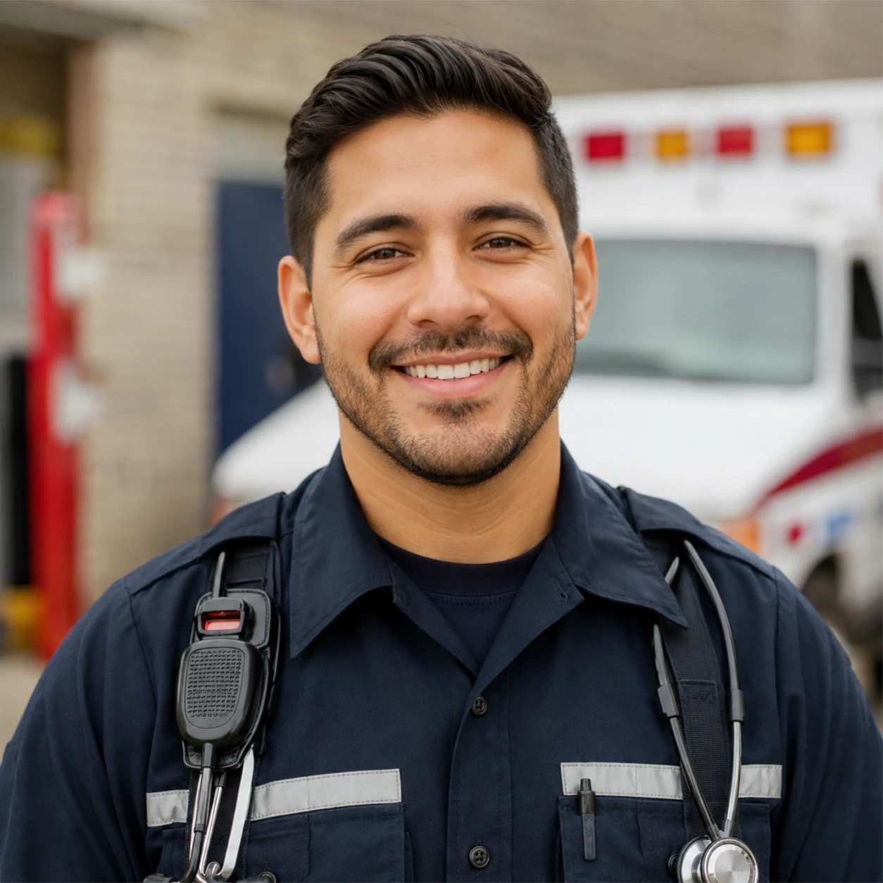mateo Ruiz in an ambulance outfit, in the background an ambulance is shown.