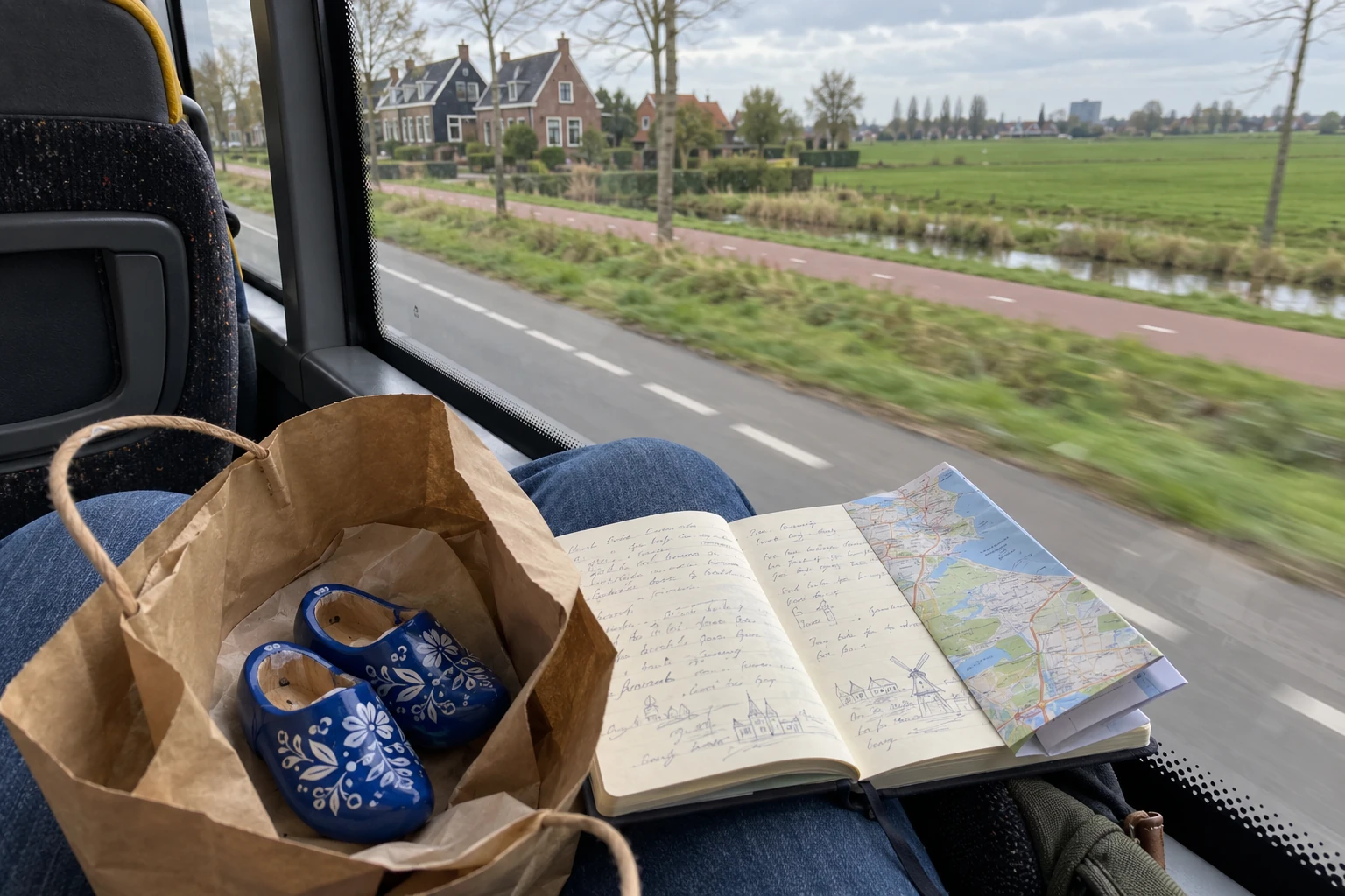 Small blue souvenir clogs in a paper bag beside an open travel notebook, with Dutch houses and a bicycle path visible through a bus window.