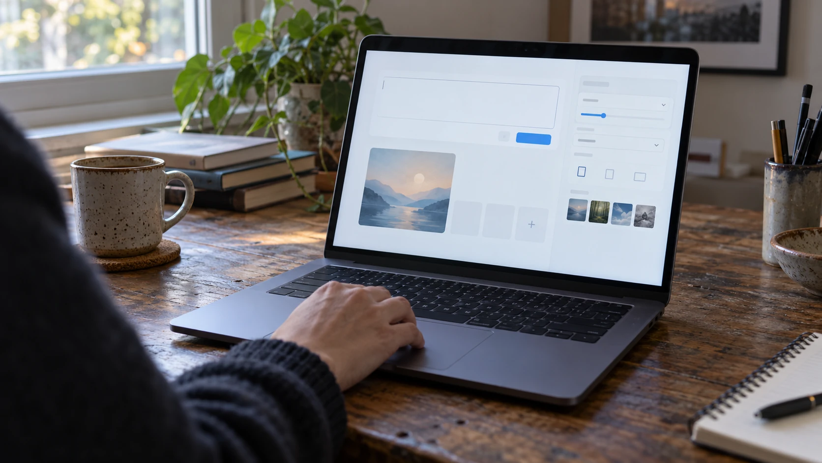 A hand rests on a laptop trackpad beside an open image-generation interface.