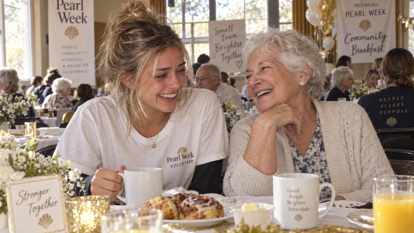 Maddie Callahan, 19, laughs with 83-year-old Mrs. Whitaker during Silverdale's Pearl Week Community Breakfast. Coffee cups and cinnamon pastries sit between them at a table decorated in white and gold.