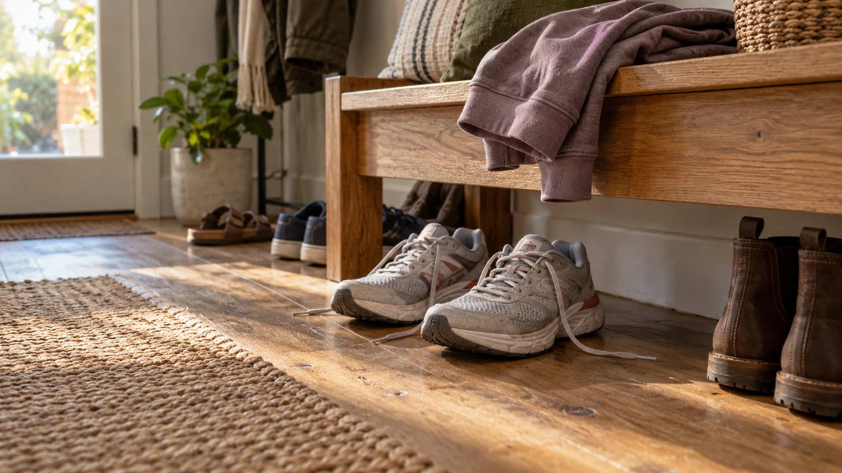A pair of athletic sneakers with loose laces sits beneath a wooden entryway bench in soft morning light.