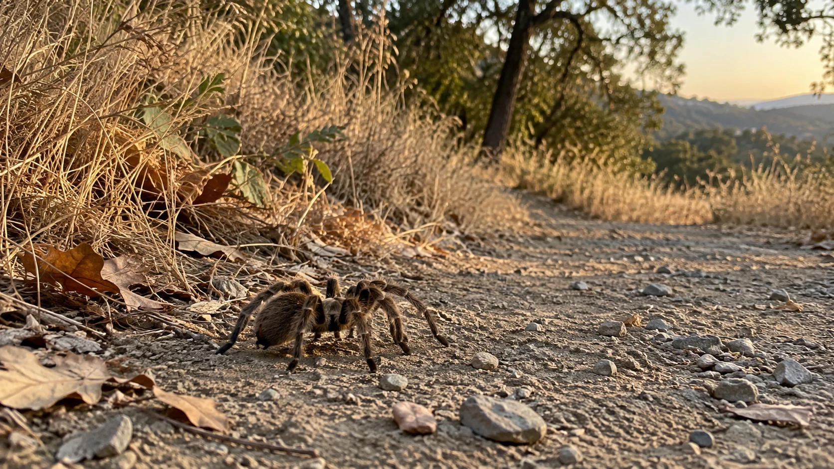 A native tarantula crosses a dry gravel trail through golden grass and oak woodland in Northern California.
