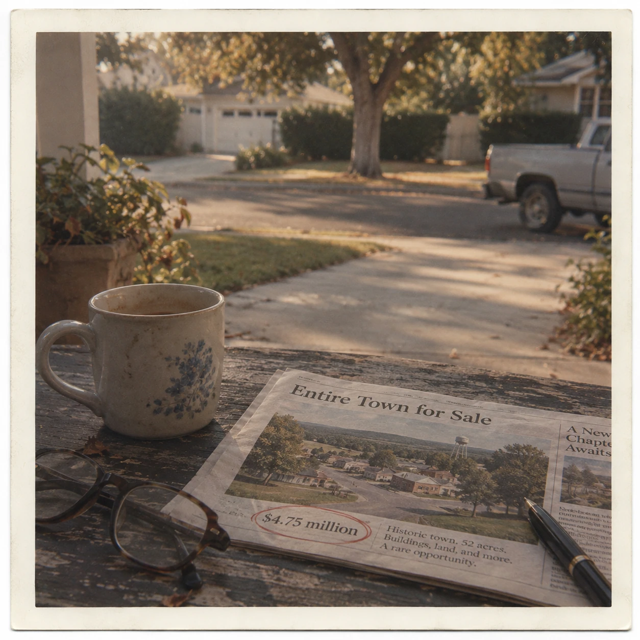 A weathered newspaper announcing an entire town for sale for $4.75 million lies beside a coffee mug, reading glasses, and pen on Marcel's outdoor table, overlooking a quiet Silverdale street in the afternoon sunlight.