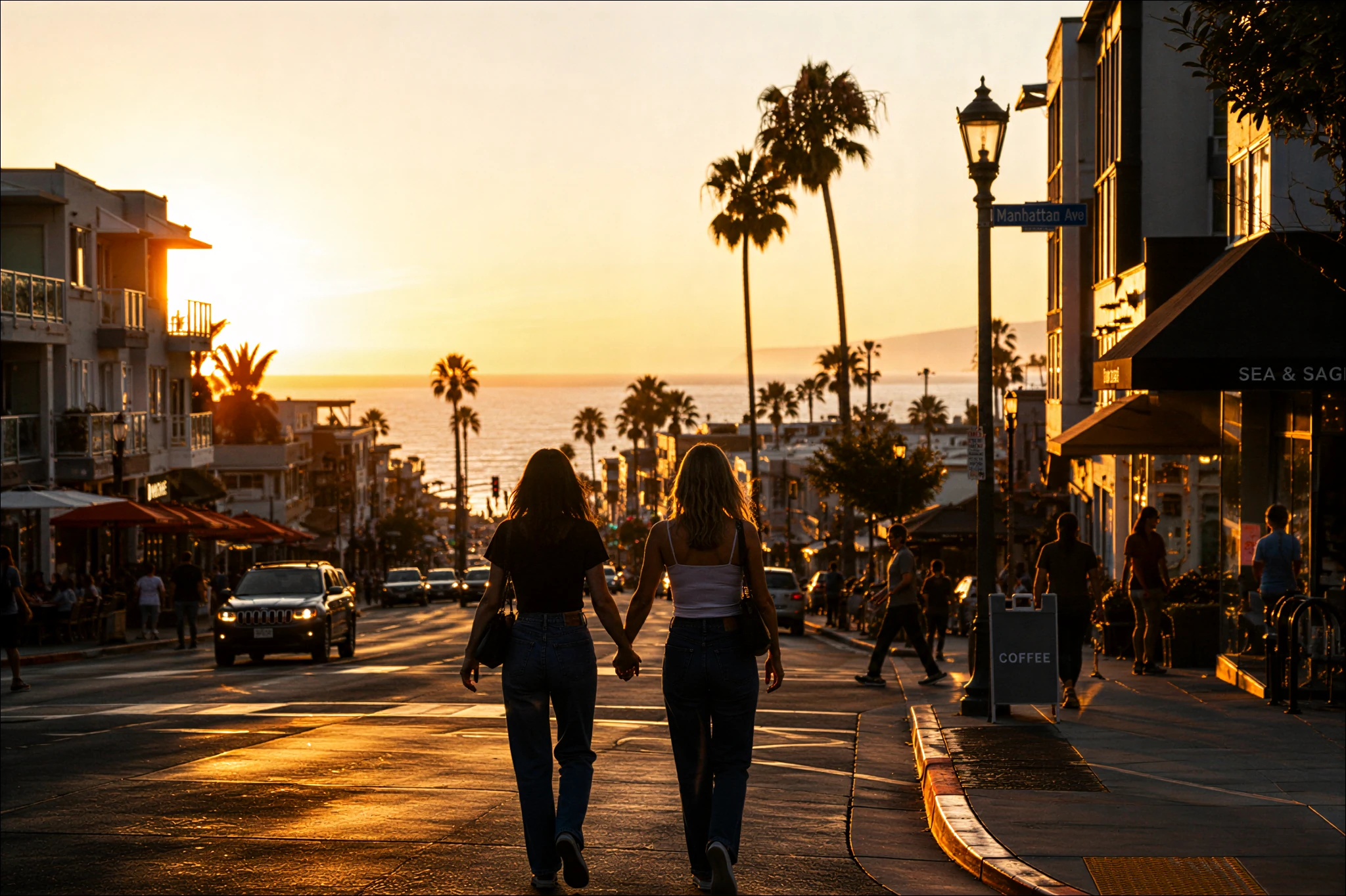 Two people walking hand in hand along a Silverdale street at sunset