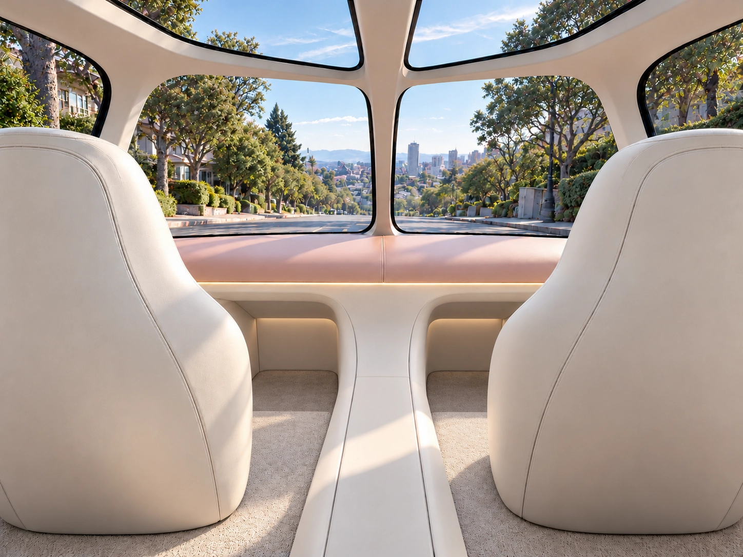 View from a rear Vector seat past two rounded white leather cocoon seatbacks, with deep footwells and a panoramic glass roof