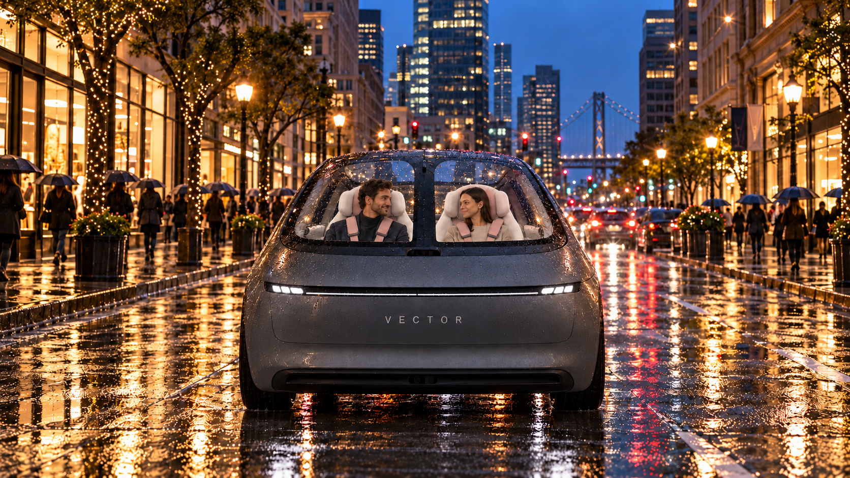 Front view of Vector with a panoramic glass roof on a rain-lit city street at dusk, with two passengers in cocoon seats wearing blushpink harnesses