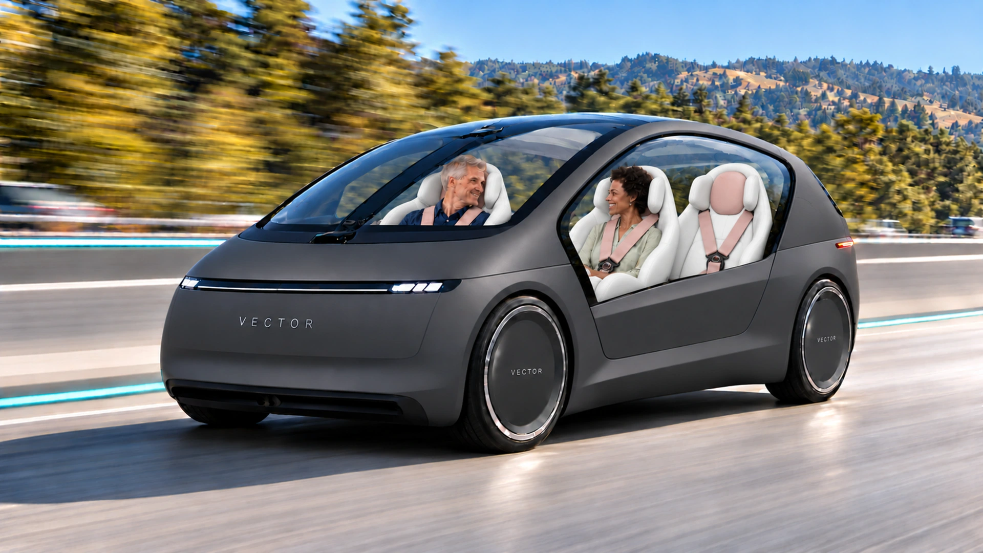 Side view of a matte graphite Vector travelling along a dedicated corridor with passengers in white cocoon seats