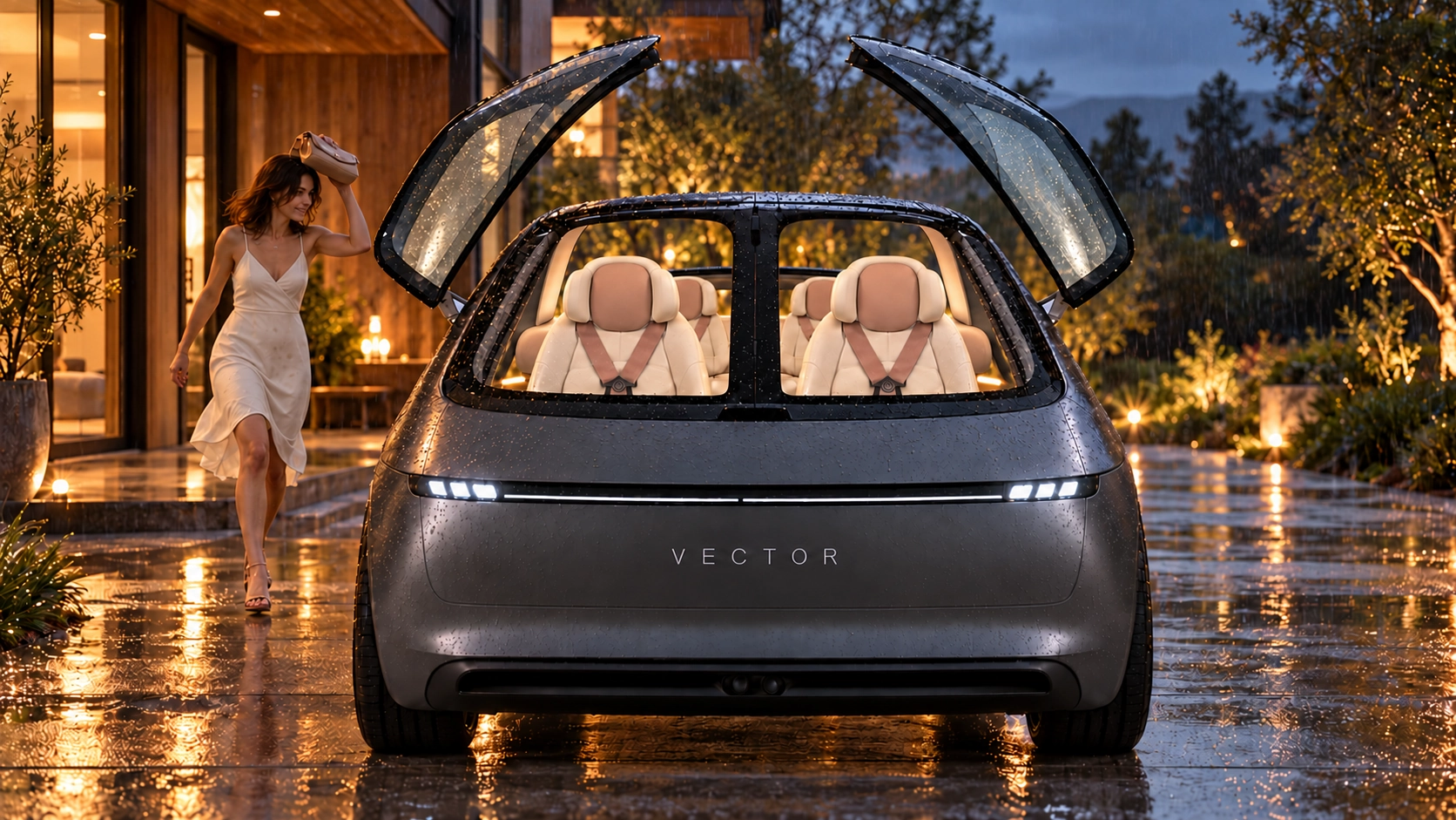 Vector waiting at a front door on a rainy evening with its wing doors open