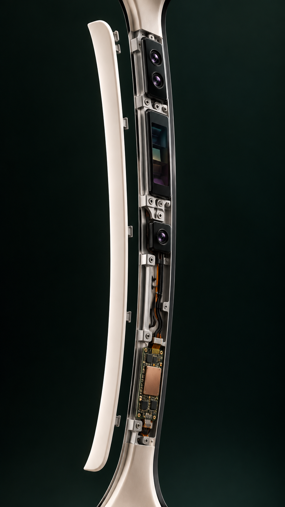 Portrait cutaway concept of Vector's white central windshield pillar, revealing camera optics, a lidar aperture, an infrared camera and local electronics.